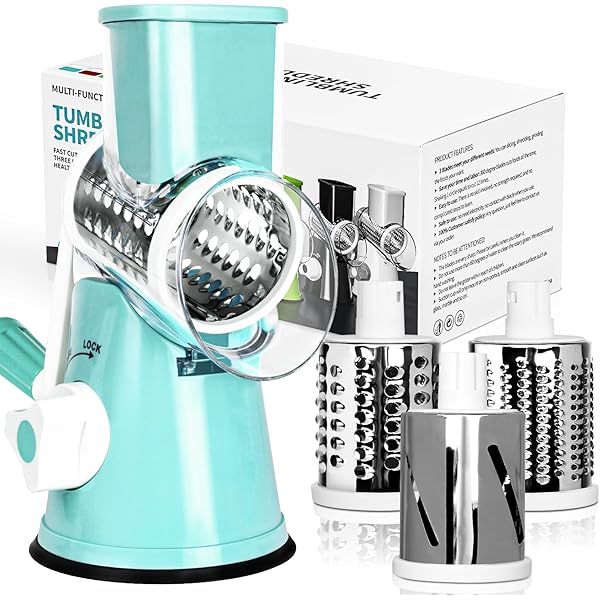 X Home Rotary Cheese Grater for Kitchen, Shredder with 3 Interchangeable Blades, Rotary Grater with Handle and Strong Suction Base, for Vegetables, Fruit, Nuts, Easy to Use and Clean, Blue