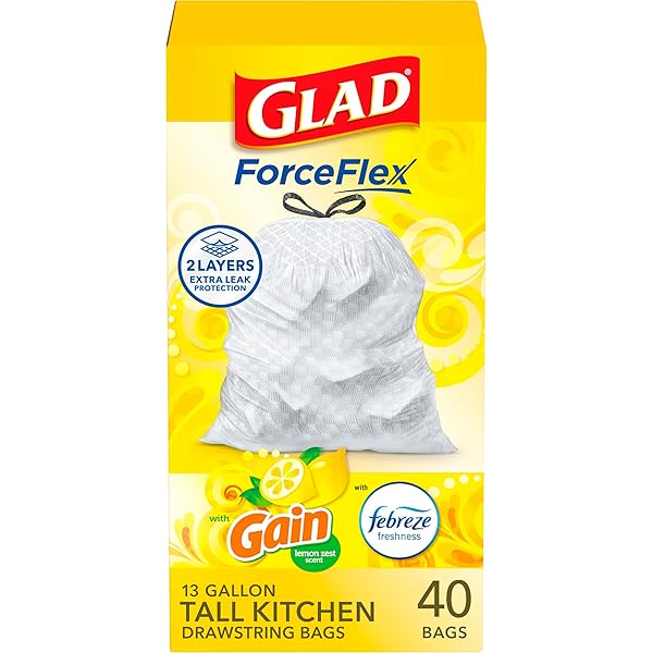 Glad ForceFlex Tall Kitchen Trash Bags, 13 Gallon, Gain Lemon Zest, 40 Count (Package May Vary)
