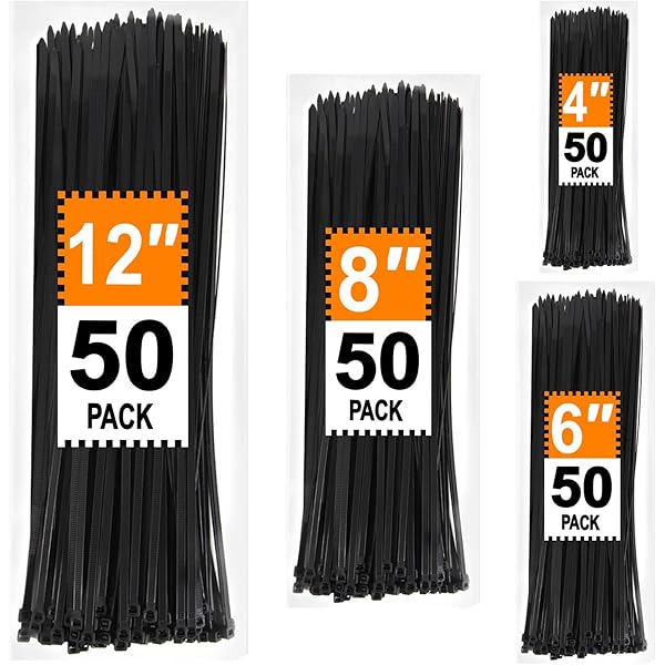 Zip Ties Assorted Sizes 4+6+8+12 inch, 200 Pack, Black Cable Ties, UV Resistant Wire Ties for Indoor and Outdoor Use, LOCKLOCK