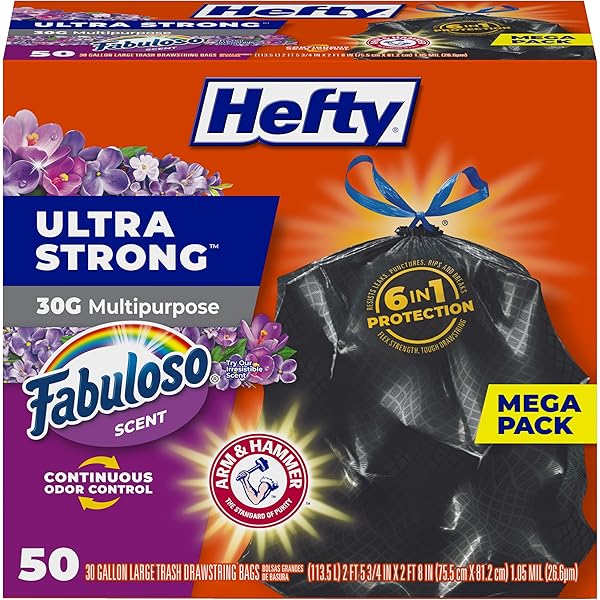 Hefty Ultra Strong 30 Gallon Trash Bags, Large Trash Bags 30 Gallon Size, Multipurpose, Break Resistant Drawstring Closure, Resists Leaks, Punctures, and Tears, Black, Fabuloso Scent, 50 Bags