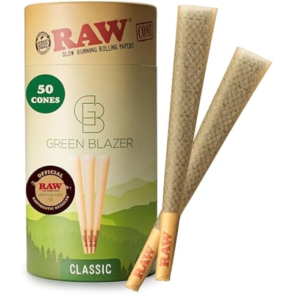 RAW Cones 1 1/4 Size: 50 Pack Patented Slow Burning Pre Rolled Rolling Papers & Tips, Classic Raw Paper, 84mm