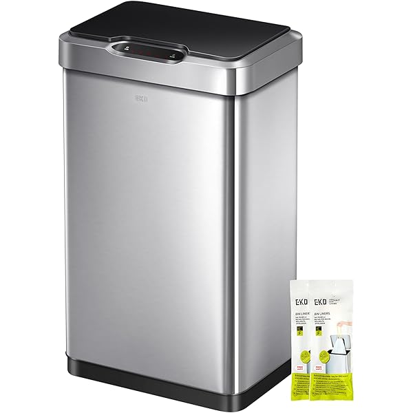 EKO Mirage-T 50 Liter / 13.2 Gallon Touchless Rectangular Motion Sensor Trash Can, Brushed Stainless Steel Finish