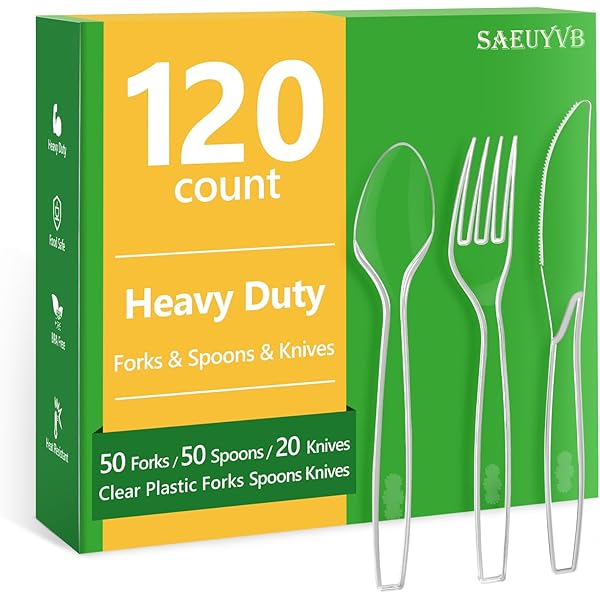 120 Count Plastic Silverware Heavy Duty-50 Forks,50 Spoons,20 Knives,BPA-Free,Disposable Plastic Utensils Set,PlasticCutlery Set,Suitable for Party Everyday Use