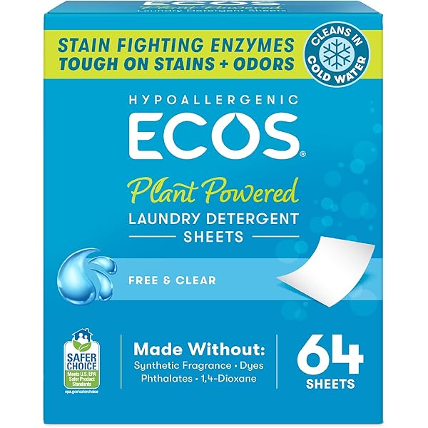 ECOS Laundry Detergent Sheets Vegan, No Plastic Jug, No Mess & Liquid Free - Hypoallergenic, Plant Powered Laundry Detergent Sheet - Free and Clear - 64 Count (Pack of 1)