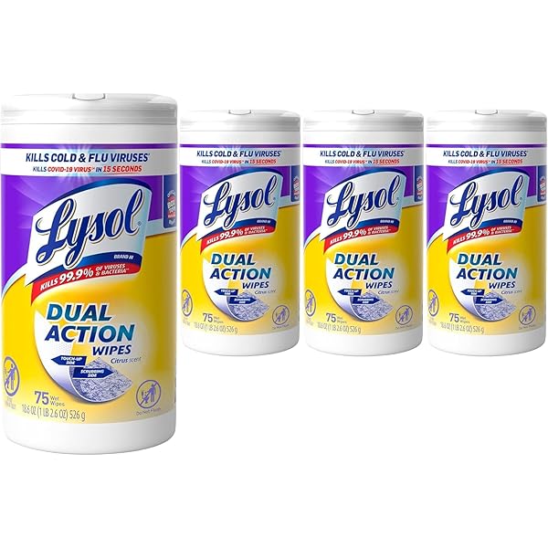 Lysol Dual Action Disinfectant Wipes, Multi-Surface Antibacterial Scrubbing Wipes, Dorm Room Essentials, Citrus Scent, 75ct (Pack of 4), Packaging May Vary
