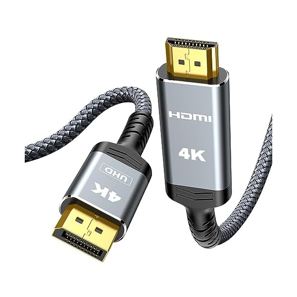 Highwings 4K DisplayPort to HDMI, Uni-Directional Only, 6.6ft DP (Source) to HDMI (Display) 1.4 Cable, 4K@30Hz, 2K@60Hz, 1080P Full HD, Braided Cord for Dell, NVIDIA, AMD, Monitor, Projector (Grey)