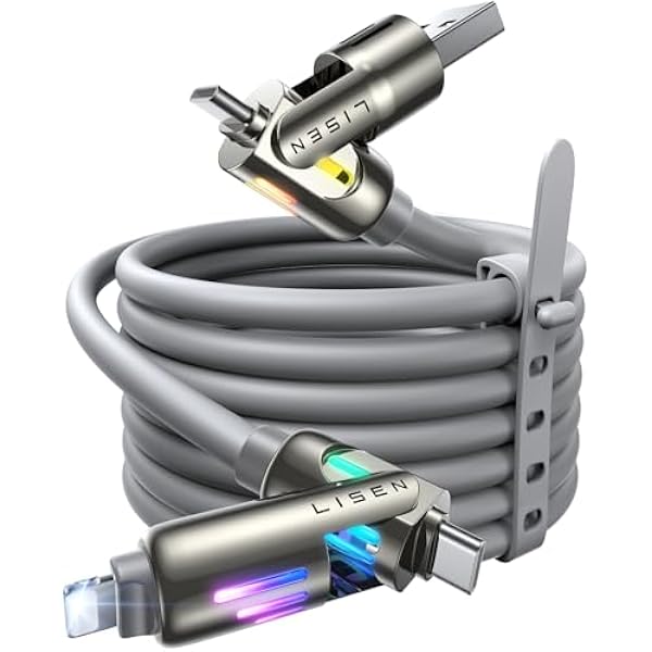 LISEN USB C to Lightning Cable, 240W 4 in 1 Charging Cable 6.6FT, Chubby USB A/C to C/Lightning with Light for iPhone Air 17 16 15 14 Pro/MacBook/iPad/Samsung/Switch 2, Multi Chargers for All Devices