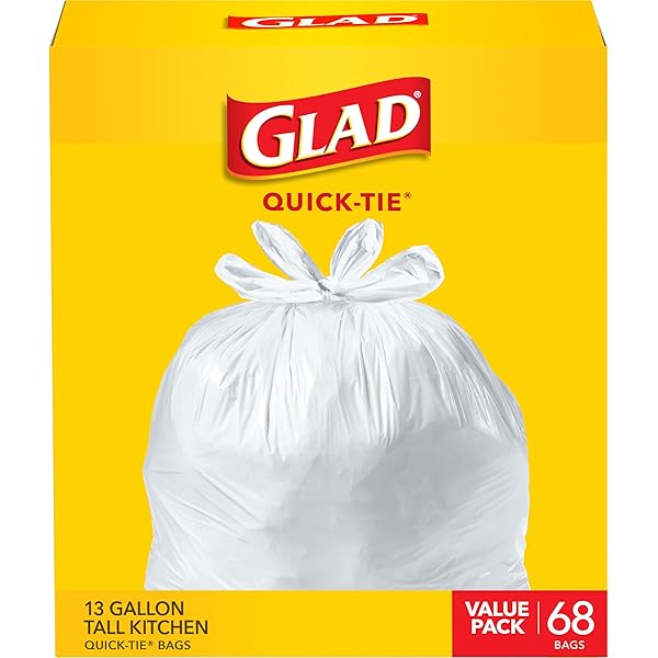 Glad Tall Kitchen Trash Bags 13 Gallon, Unscented Garbage Bags, Quick-Tie, 68 Count