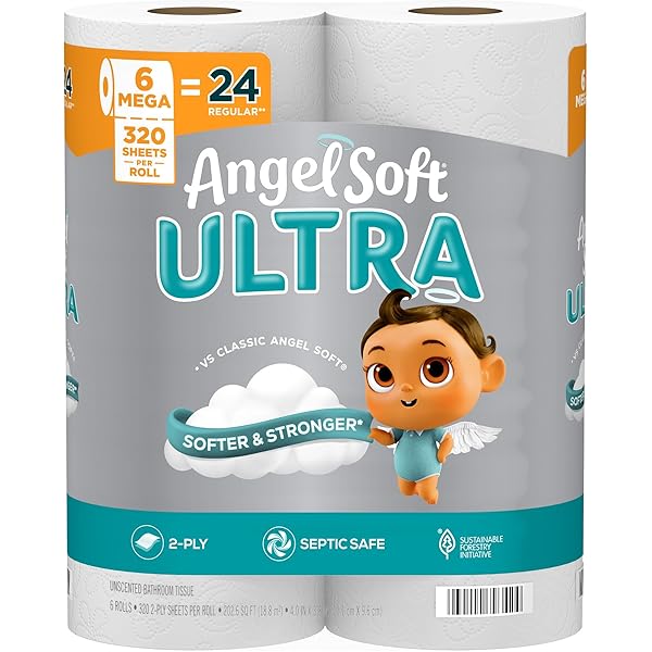 Angel Soft Ultra Toilet Paper, 6 Mega Rolls = 24 Regular Rolls, 2 Ply Toilet Tissue