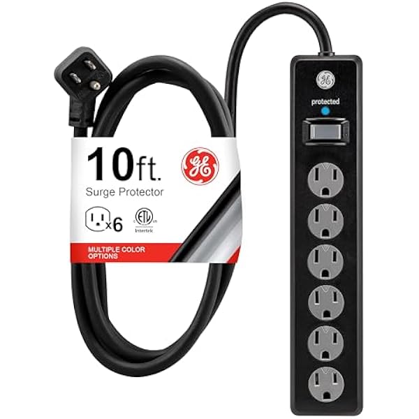 GE 6-Outlet Surge Protector, 10 Ft Extension Cord, Power Strip, 600 Joules, Twist-to-Close Safety Covers, Protected Indicator Light, UL Listed, Black, 37442