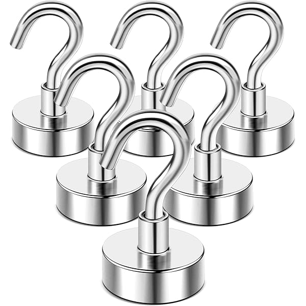 DIYMAG Hooks for Hanging String Lights, 30lbs 2025 Cruise Cabin Ship Essentials N52 Magnetic Hook Heavy Duty Strong Magnets Fridge for Classroom Beach Vacation Kitchen Grills 6 Pack Silver