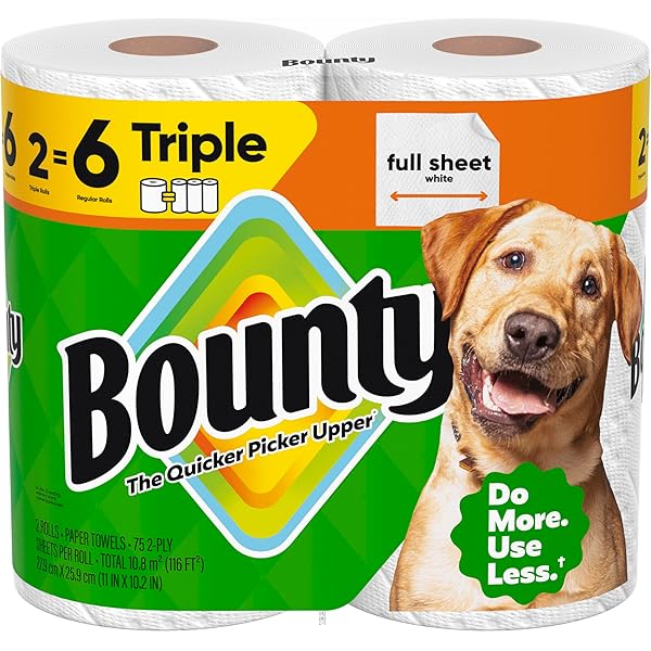 Bounty Full Sheet Paper Towels, White, 2 Triple Rolls = 6 Regular Rolls (Packaging May Vary)