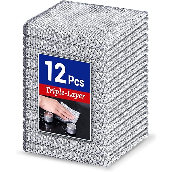 12 PCS 3-Layer Non-Scratch Multipurpose Steel Wire Dishcloths - Reusable Quick-Dry Odor-Free Scrub Cloths for Dishes, Kitchen Cleaning Cloths for Cookware, Sinks, Stove Tops(7.87X7.87)