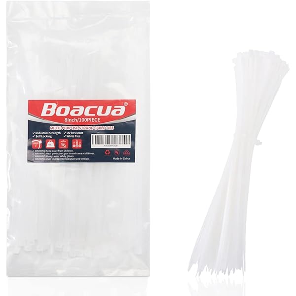 8 Inch Zip Cable Ties (100 Pieces), Self-Locking Premium Nylon Cable Wire Ties,Heavy Duty White, for Indoor and Outdoor by Boacua