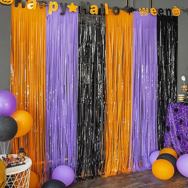 LOLStar 3 Pack Orange Purple Black Photo Booth Props,3.3 X 6.6 ft Halloween Foil Fringe Curtains,Halloween Party Photo Backdrop Streamer Backdrop for Birthday Anniversary Halloween Party Decoration