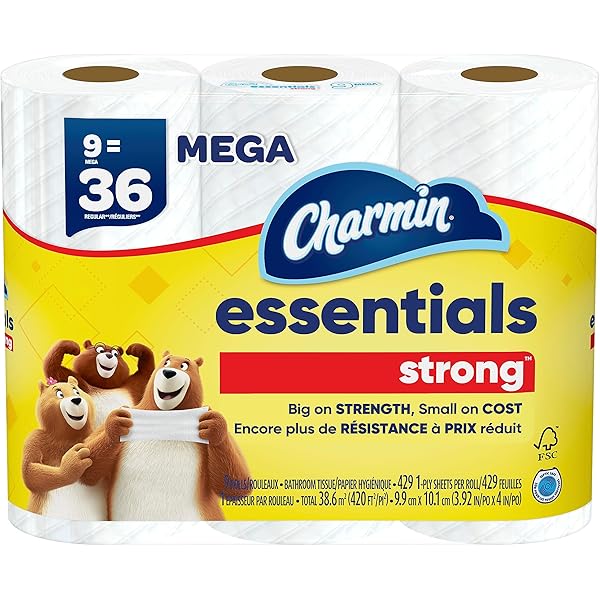 Charmin Essentials Strong Toilet Paper, 9 Mega Rolls = 36 Regular Rolls