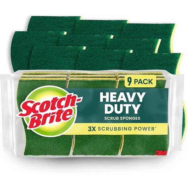 Scotch-Brite Heavy Duty Scrub Sponge, 9 Kitchen Sponges Designed for Tough Messes in the Kitchen that Last 3X Longer*, Best for Cast Iron Skillets and Outdoor Grills, Flexible, Durable, and Strong