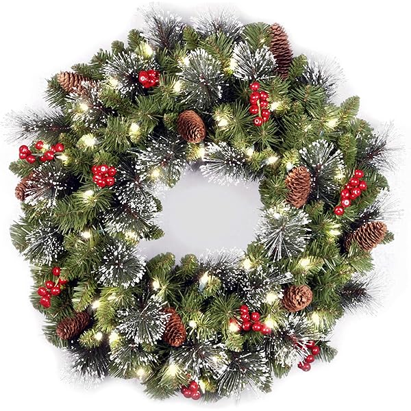 National Tree Company 24 in Pre-Lit Crestwood Spruce Artificial Christmas Wreath, Christmas Decoration with Glitter, Pinecones, Red Berries, 50 Clear LED Lights, 160 Tips, Timer, Green
