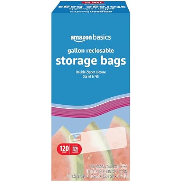 Amazon Basics Reclosable Gallon Food Storage Bags, BPA Free, 120 Count