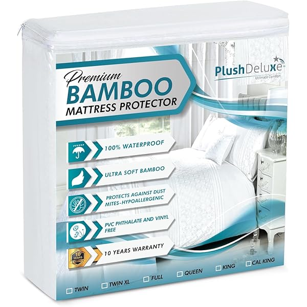 PlushDeluxe Premium Bamboo Mattress Protector – King Size, Waterproof, & Ultra Soft Breathable Noiseless Washable Bed Mattress Cover for Comfort & Protection - White