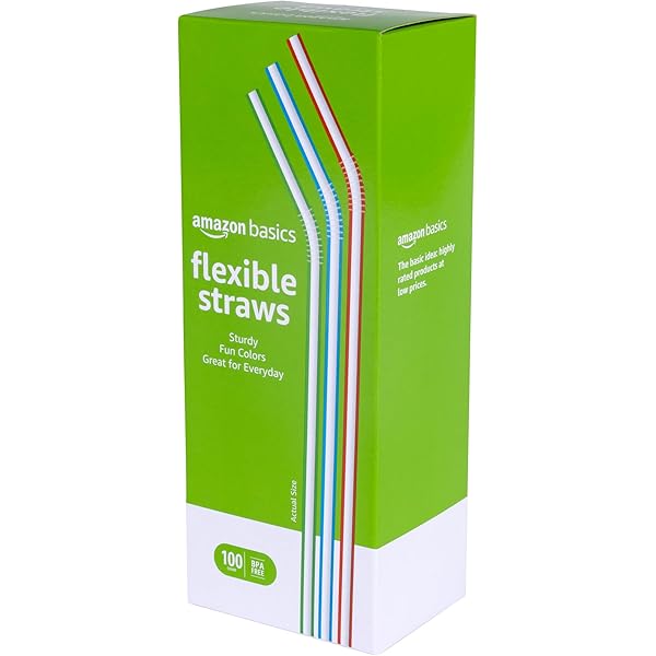 Amazon Basics Disposable Striped Plastic Flex Straws, 7.5" Long, Assorted Colors, 100 Count, Large Pack