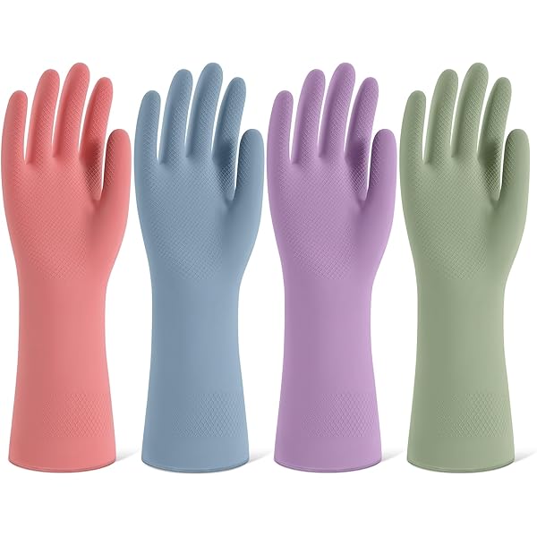 Rubber Cleaning Gloves for Dishwashing, 4 Pairs Reusable Kitchen Gloves for Washing Dishes and Household Cleaning, Colorful Dish Gloves with Flocked Lining and Non-Slip Grip, Pefect for Woman Men - M