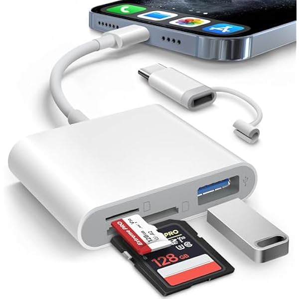 SD Card Reader for iPhone iPad Built-in Lightening & USB-C Dual Connectors Card Adapter with SD MicroSD USB-A 3 Slots Trail Camera Memory Card Viewer, Portable No App Required Plug and Play