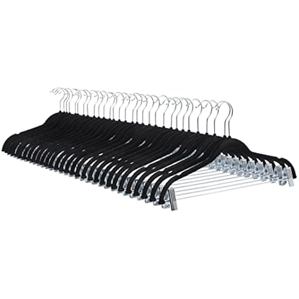 Amazon Basics Velvet, Non-Slip Skirt Clothes Hangers with Clips, Organize Pants and Skirts, Black/Silver, Pack of 24