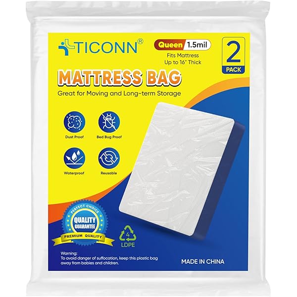 TICONN 2PK Plastic Mattress Bag for Moving Storage, Waterproof Mattress Protector Cover, Heavy-Duty Mattress Moving Supplies (1.5 mil, Queen)