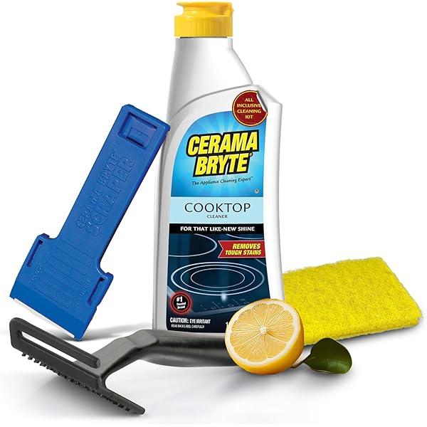 Cerama Bryte Glass Cooktop and Stove Top Cleaner Combo Kit - Includes Cleaning Tool, Razor, Scraper and 1 Pad to Remove Tough Stains - Use on Gas, Electric, Ceramic Surfaces, 10 Ounces, 4 Piece