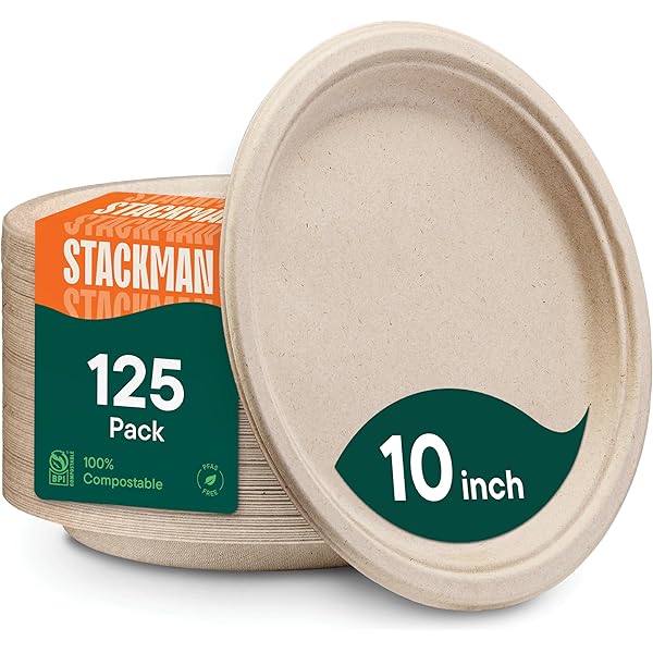 Paper Plates, 100% Compostable Heavy Duty Disposable 10 Inch Plate - [125-Pack] - {PFAS-Free} - {BPI Certified} Eco-Friendly, Biodegradable Bagasse