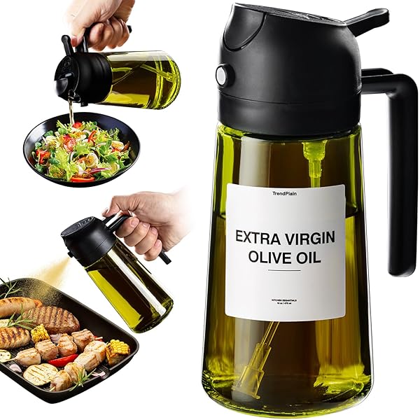 TrendPlain - Original 16oz/470ml Olive Oil Dispenser Bottle for Kitchen Gadgets and Air Fryer Accessories - Olive Oil Sprayer for Cooking w/Stickers - Black