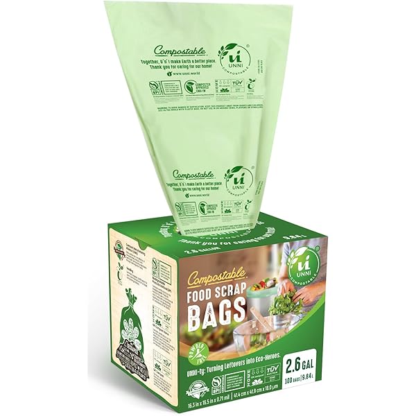 UNNI Compostable Trash Bags, 2.6 Gallon / 9.84 Liter, 100 Count, Extra Thick 0.71 Mil Small Kitchen Food Scrap Bin Liners, Certified by BPI, CMA & OK compost HOME, Meets the ASTM D6400 Standard