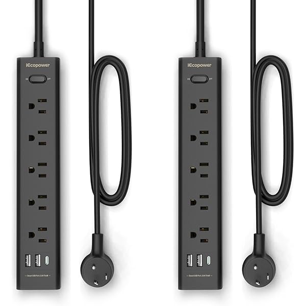 2 Pack Power Strip Surge Protector-5 Widely Spaced Outlets 3 USB Ports(1 USB C Port),1250W/10A with 5Ft Extension Cord, Power Strips with Surge Protection, Wall Mount for Home Office,Black