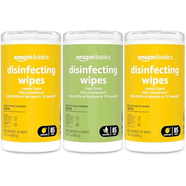 Amazon Basics Disinfecting Wipes, Lemon & Fresh Scent, Sanitizes, Cleans & Deodorizes, 255 Count (3 Packs of 85)