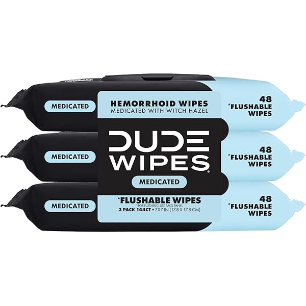 DUDE Wipes - Medicated Flushable Wipes - 3 Pack, 144 Count - Unscented - Extra-Large - Maximum Strength Medicated Witch Hazel - Septic and Sewer Safe Medicated