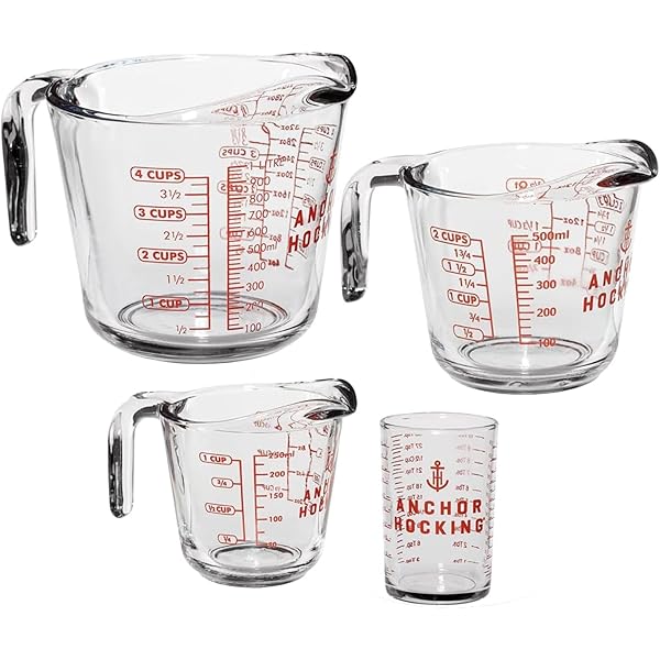 Anchor Hocking Glass Measuring Cups, 4 Piece Set (5 Ounce, 1 Cup, 2 Cup, 4 Cup liquid measuring cups)