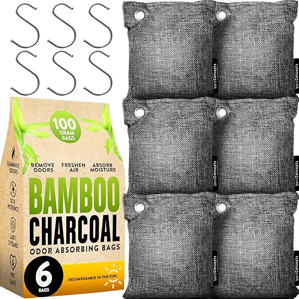 Charcoal Odor Absorber for Strong Odor (6 Pack, 100g each), Bamboo Charcoal Air Purifying Bag, Basement Musty Odor Eliminator Deodorizer, Activated Charcoal Odor Absorber for Closet, Shoe, Car