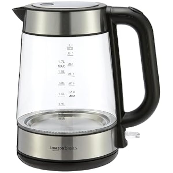 Amazon Basics Electric Kettle with Glass Carafe for Tea and Coffee, BPA-Free, Fast Boiling, Auto Shut-Off, 1.8 Quarts, 1500W, Black and Silver