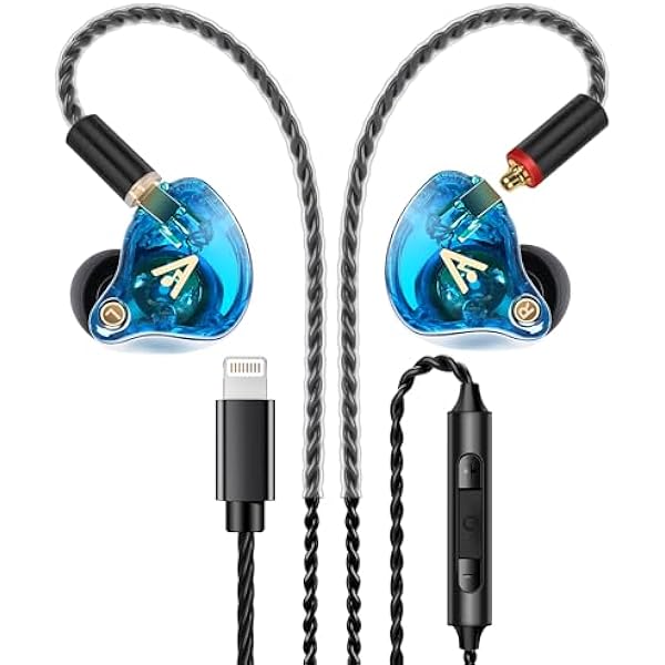 Vibes 202ML Wired Earbuds - HiFi in Ear Headphones for iPhone 5–14, Noise Isolating Ear Buds w/ Mic - Clear Sound, Deep Bass, Comfort-Fit Earphones - MMCX–Lightning, Silver Plated Cord, Carrying Case