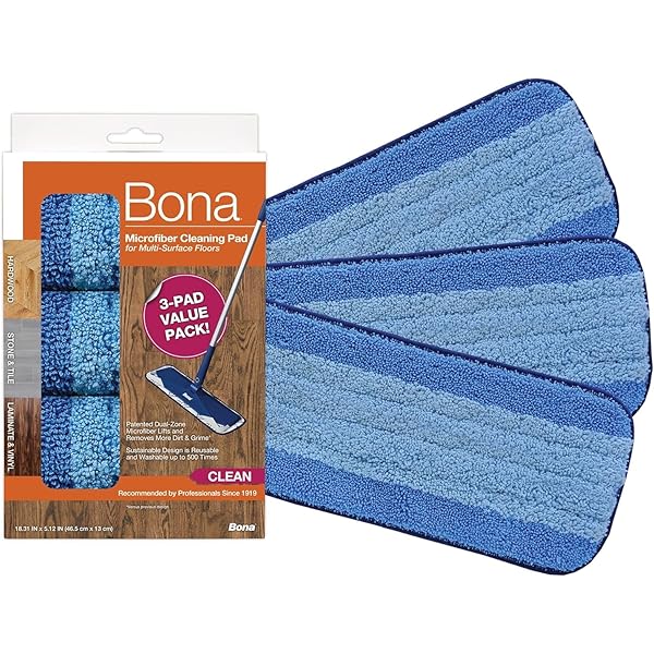 Bona Microfiber Cleaning Pad for Hardwood & Hard Surface Floors - 3 Pack - For Use With Bona Mop - Dual Zone Cleaning Design for Faster Cleanup