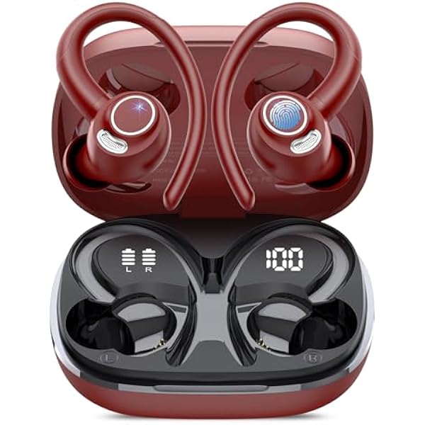 Jesebang Wireless Earbuds Bluetooth 5.4 Headphones Sport, 2025 Wireless Earphones with Earhooks, HiFi Stereo Deep Bass with ENC Mic, 40H Dual LED Display, IP7 Waterproof Ear Bud for Small Ear, Red