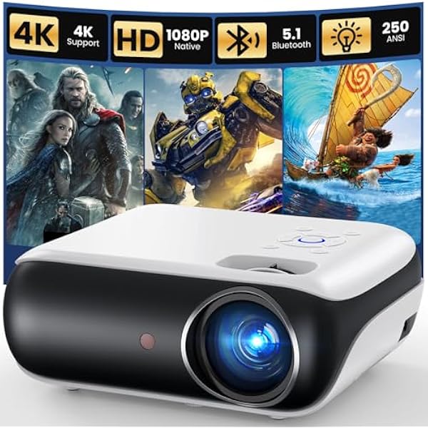 HAPPRUN Native 1080P Bluetooth Mini Projector, Full HD Portable Outdoor Movie Projector with Built-in Speaker, Compatible with Smartphone, HDMI, USB, AV, Fire Stick, PS5 for Home, Bedroom, Outdoor Use