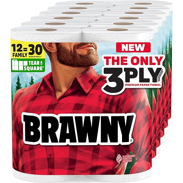 Brawny Tear-A-Square 3-Ply Paper Towels, 12 XL Family Rolls = 30 Regular Rolls, Strong, Absorbent, and Durable with 3 Sheet Sizes (Quarter, Half, Full)