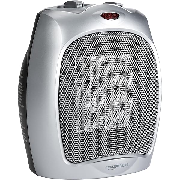 Amazon Basics Ceramic Space Heater, Portable Indoor Heating Solution, With Overheat and Tip-Over Protection, Thermostat, Non-Oscillating, 1500W, 7.52"D x 6.34"W x 9.45"H, Silver