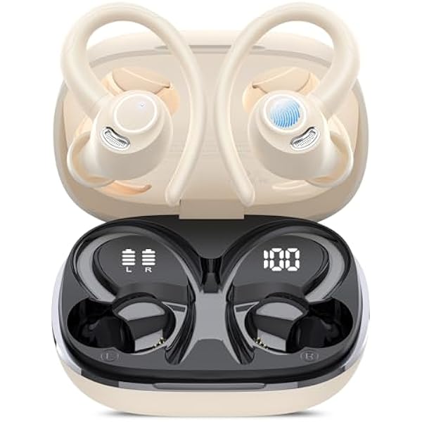 Wireless Earbuds, Bluetooth 5.4 Headphones Sport, Over Ear Buds With ENC Noise Cancelling Mic,48H,Wireless Earphone With Earhooks, Stereo Deep Bass,IP7 Waterproof ear bud for Workout Running,Off White