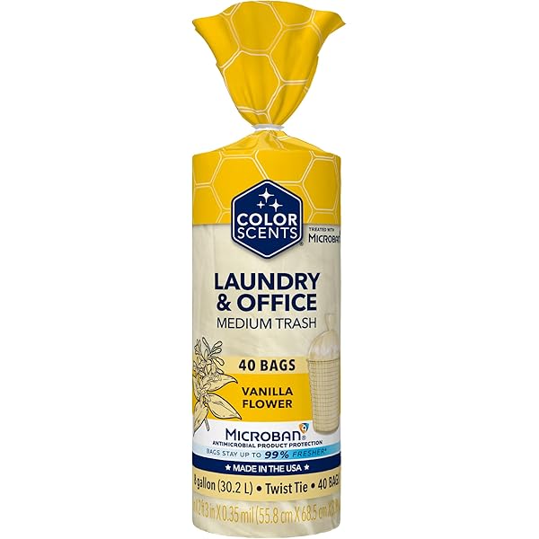 Color Scents Medium Trash Bags - 8 Gallon, 40 Bags (1 Pack of 40 Bags) Twist Tie - Cream Color Bag in Vanilla Flower Scent with Microban