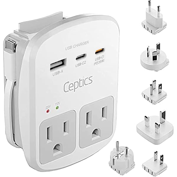 Ceptics 35W Universal Travel Adapter Kit – 2 USA sockets, USB-A, USBC, 1x PD 35W USB-C and USBC Cable, Surge Protected, Plugs for EU, UK, China, AU, Japan - for Laptop, Phone, Camera-ETL Tested