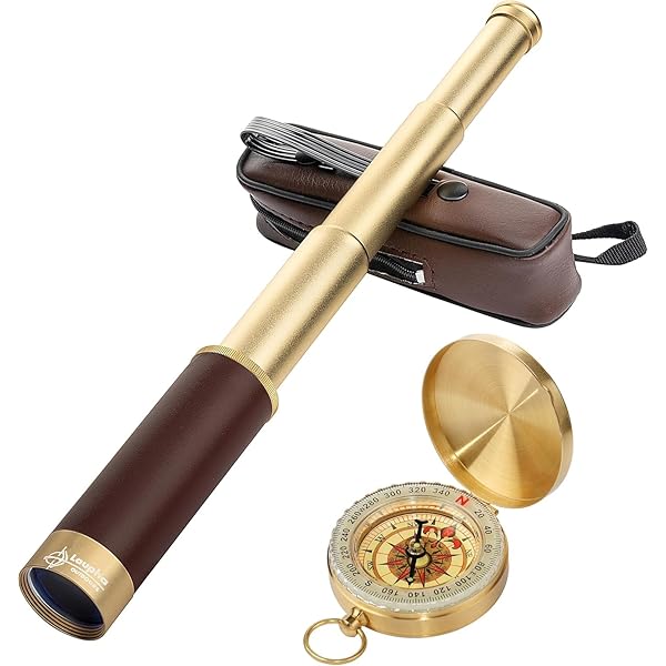 Retro Pirate Telescope Zoomable 25x30 Spyglass Portable Collapsible Handheld Telescope Vintage Monocular for Kids & Survival Gear Compass Pocket Military Compass for Camping Boating