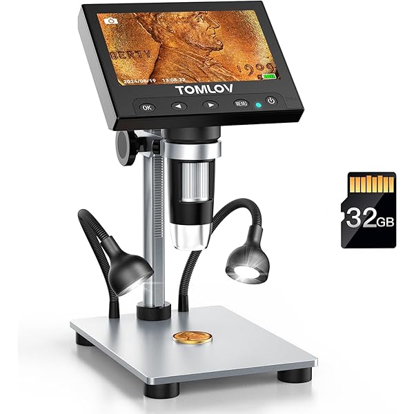 TOMLOV 1000X Coin Microscope with 4.3" Screen, Digital Microscope Magnifier with LED Lights, Metal Stand, PC View, Photo/Video, 32GB SD Card, Windows, macOS Compatible, DM4S